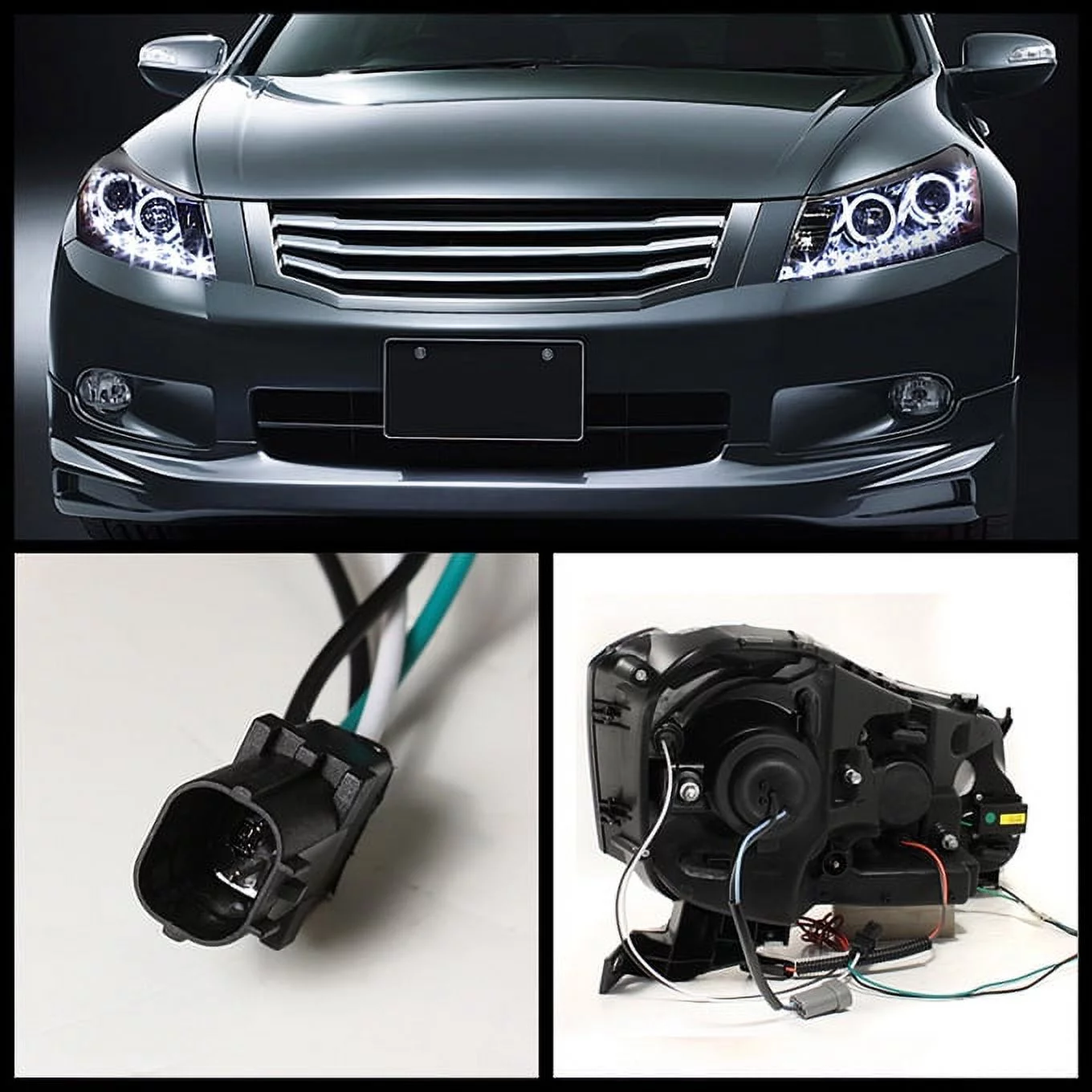 AKKON - For Honda Accord Black Bezel Dual Halo Ring DRL LED Strip Projector Headlights Front Lamps Replacement - Radiant Selections