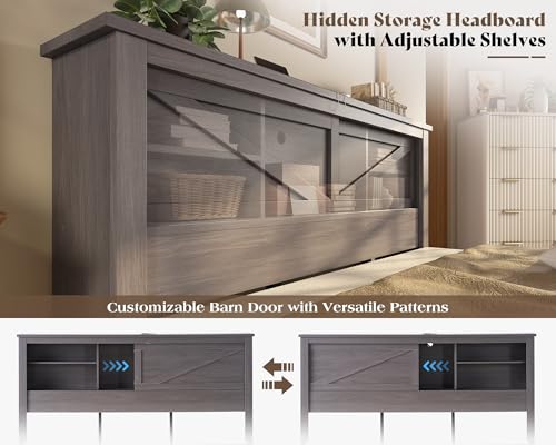 AMERLIFE 47.2" H King Bed Frame with Hidden Space Bookcase Headboard and Charging Station, Beds with 2 Storage Drawers and Wood Slats