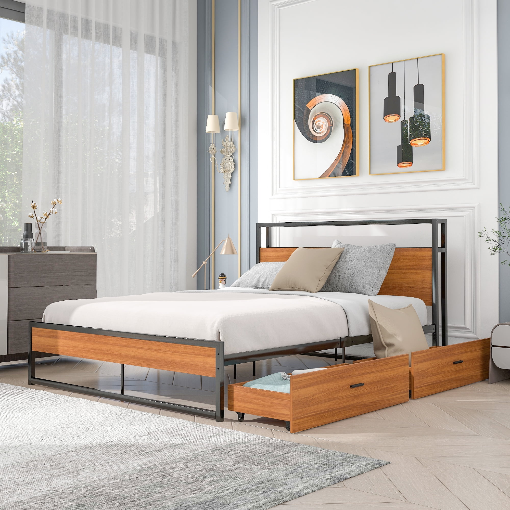 BTMWAY Metal Queen Bed Frame, Queen Size Platform Bed Frames with Wood Headboard, 2 Drawers, Sockets and USB Ports for Bedroom, No Box Spring Needed