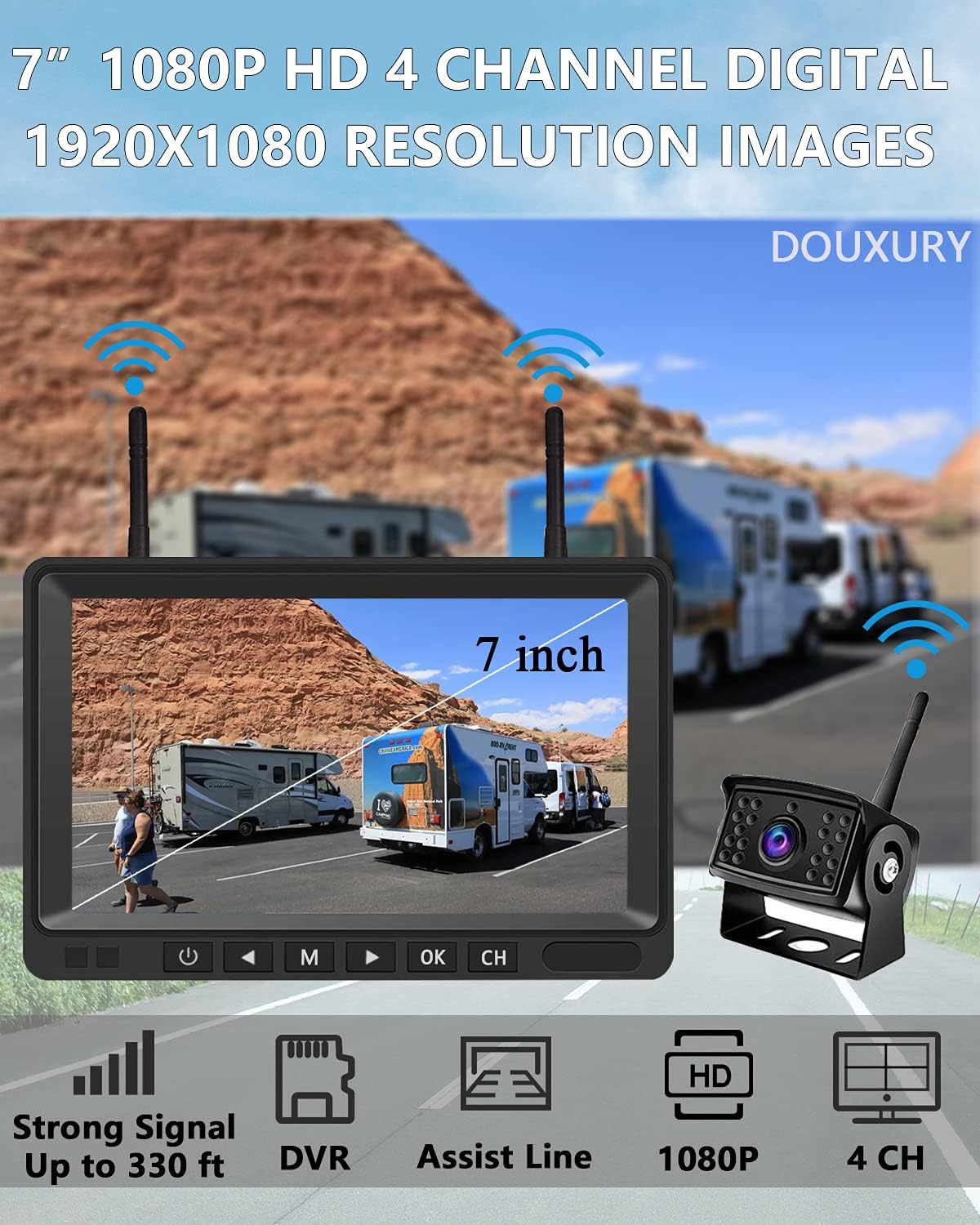 Wireless Backup Camera, DOUXURY IP69 Waterproof 170° Wide View Angle HD 1080P Backup Camera + HD LCD 7" Monitor