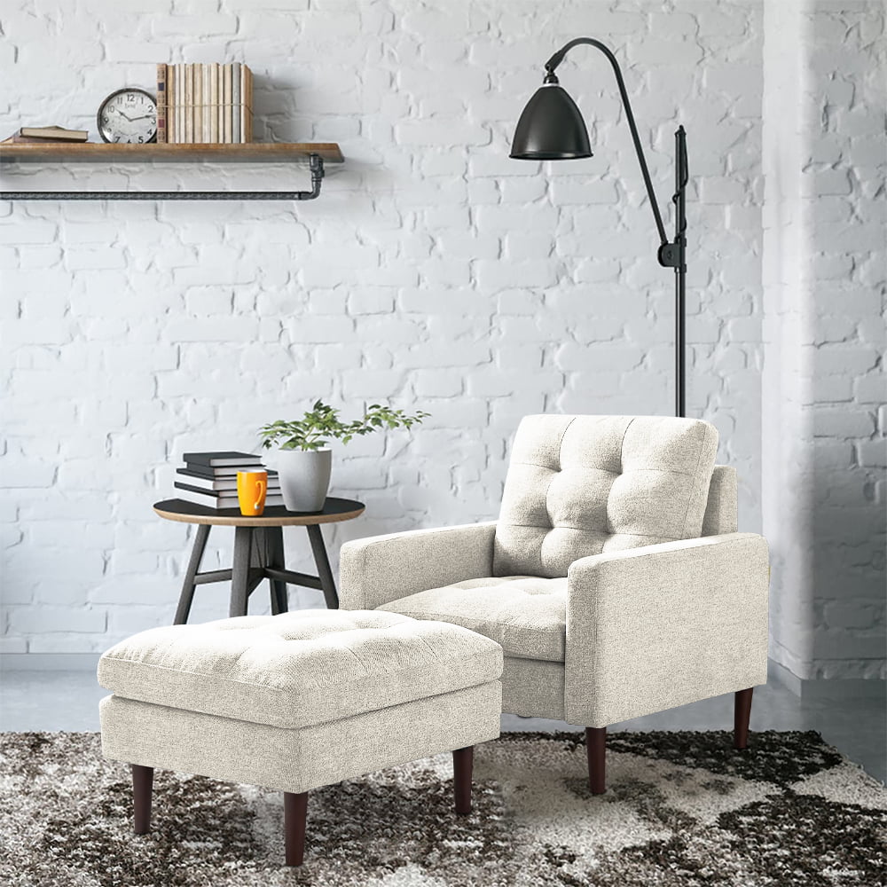Accent Chair with Ottoman, Modern Fabric Single Sofa Chair, Upholstered Accent Arm Chair with Solid Wood Legs