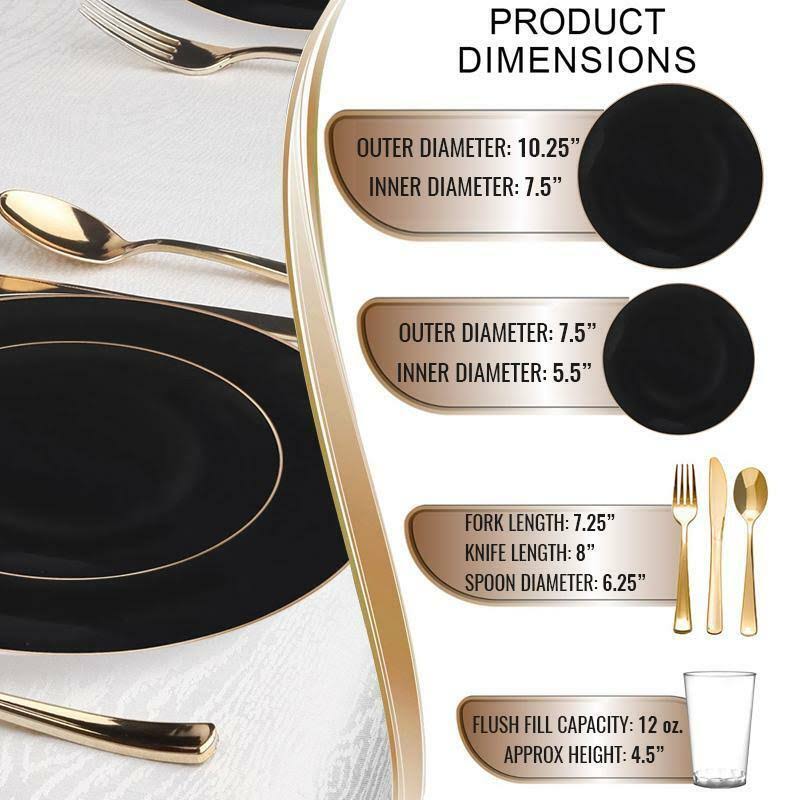 120 Settings, Black with Gold Rim Organic Round Disposable Plastic Wedding Value Set