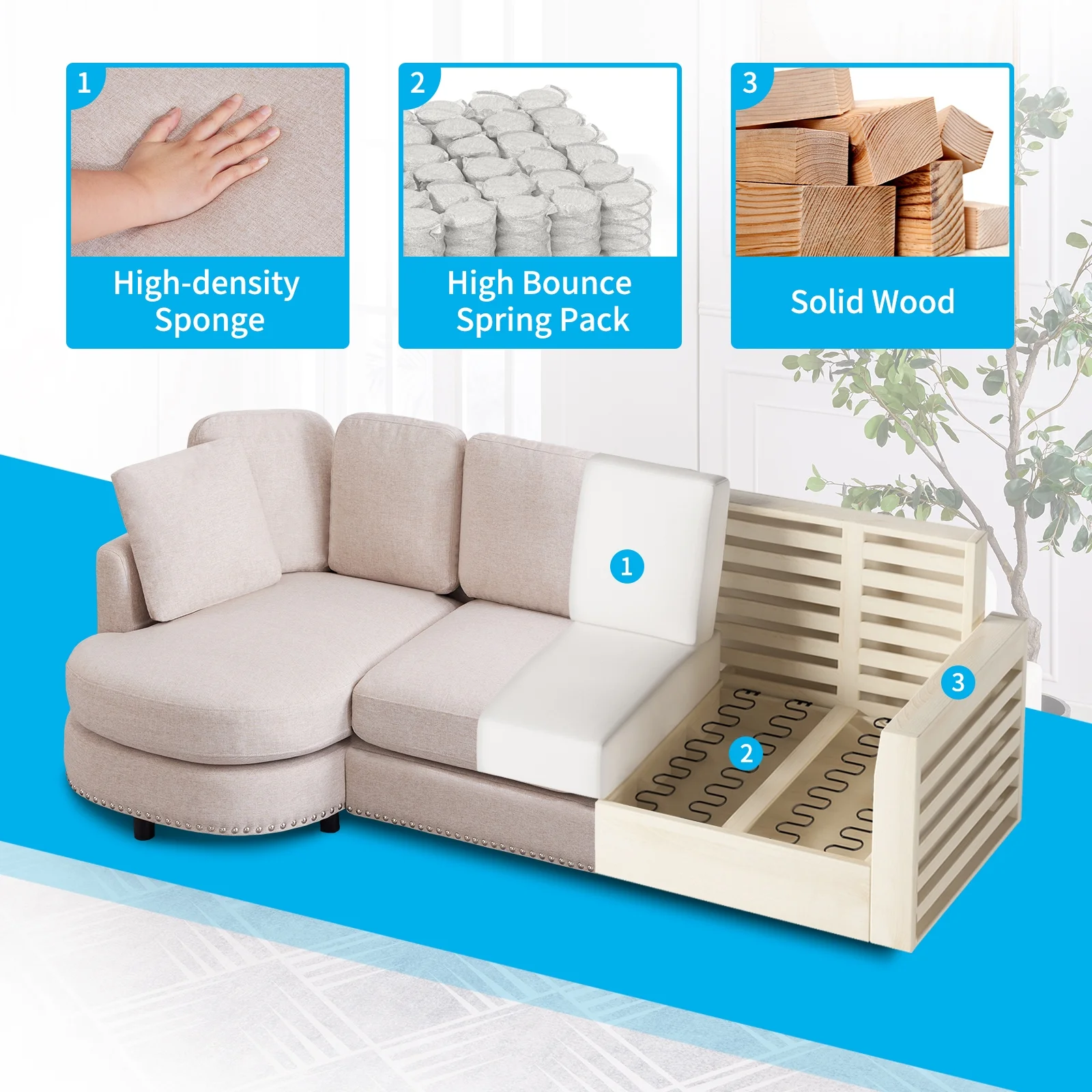 Puremind Sectional Sofa Couch with Chaise, Upholstered Curved Couch for Living Room/Apartment(Beige)