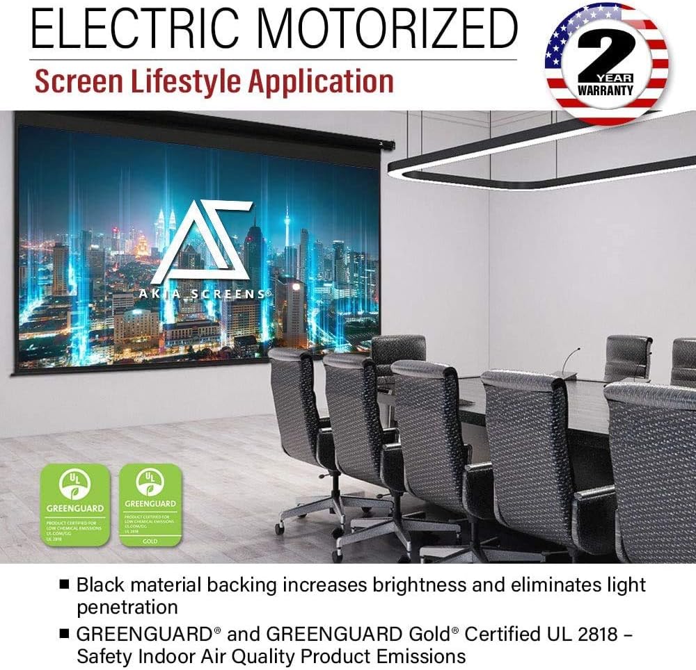Akia Screens 125 inch Motorized Electric Remote Controlled Drop Down Projector Screen 16:9 8K 4K HD 3D Retractable Ceiling Wall Mount Black