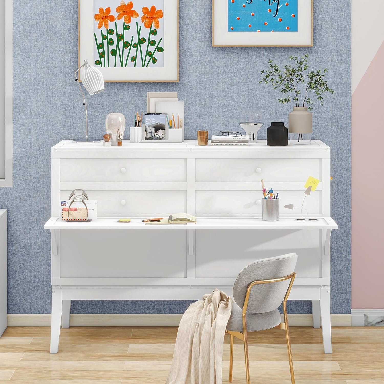 Queen Size Murphy Bed with Built-in Charging Station, Open Shelf and HiddenTable for Small Place Home Office