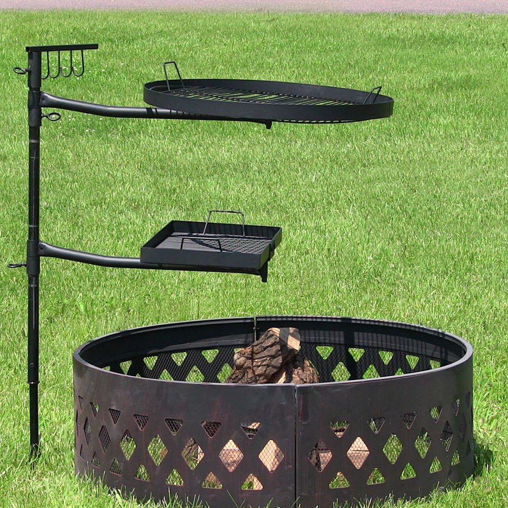 Sunnydaze Dual Campfire Steel Cooking Grill Grate Swivel System - Outdoor Adjustable Fire Pit BBQ Grilling Accessory Set with Stand
