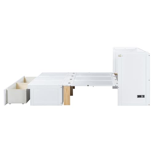 Harper & Bright Designs Full Size Murphy Bed Wall Bed, Solid Pine Murphy Bed Chest Cube Cabinet Bed with USB