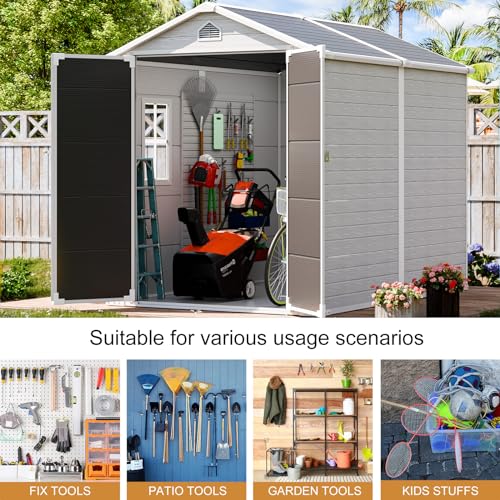 Outdoor Resin Storage Shed with Floor 8x6x7 FT Waterproof Wider Door Outside Plastic Sheds Kit for Backyard Garden Patio Lawn Tools, Gray