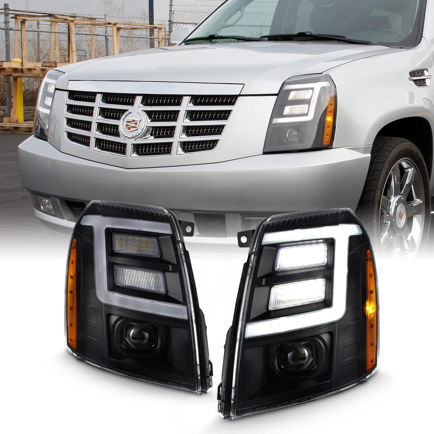 AKKON - For 2007-2014 Cadillac Escalade Xenon/HID Model Type Chrome Housing LED Daytime Running Light Tube Projector Headlight