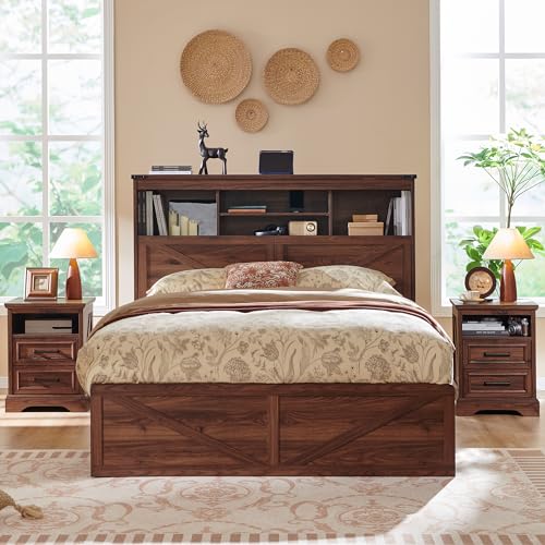 Queen Size Wood Bed Frame Farmhouse with 52" Tall Storage Bookcase Headboard, LED Light,Charging Station,4 Drawers and Solid Wood Slats Support