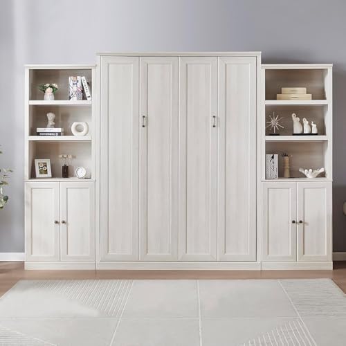 MERITLINE Queen Size Murphy Bed with Storage Bookcase Shelves,Cabinet and Charging Station,Wood Folding White Murphy Wall Bed