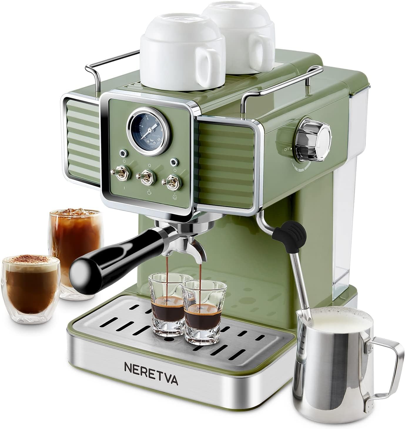 Neretva Espresso Coffee Machine 15 Bar Espresso Maker with Milk Frother Steam Wand Cappuccino, Latte for Home Barista, 1.6L Removable Water Tank