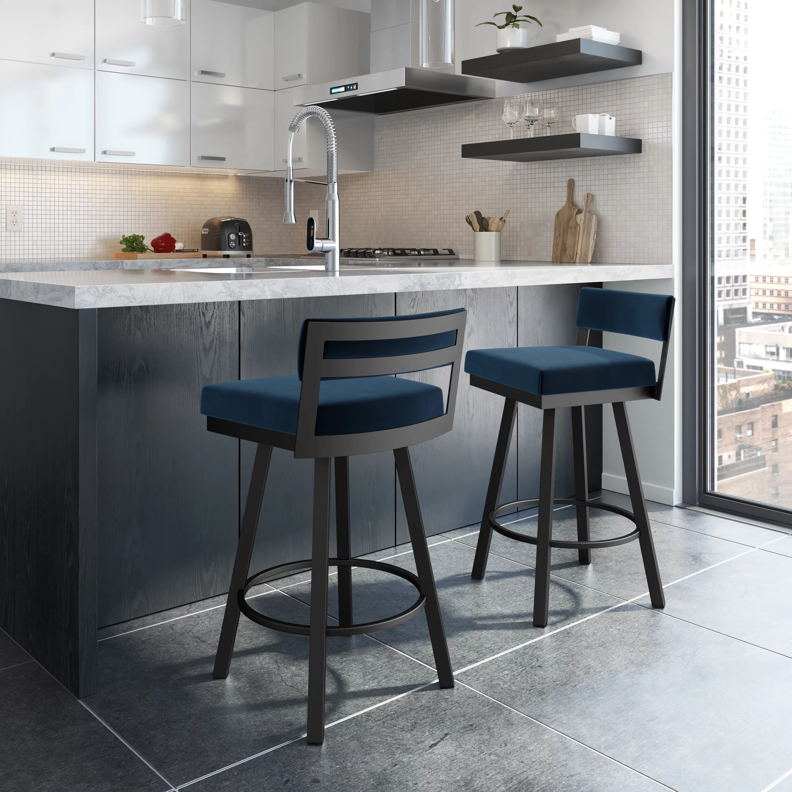 Amisco Travis 26 In. Swivel Counter Stool - Dark Blue Velvet / Black Metal