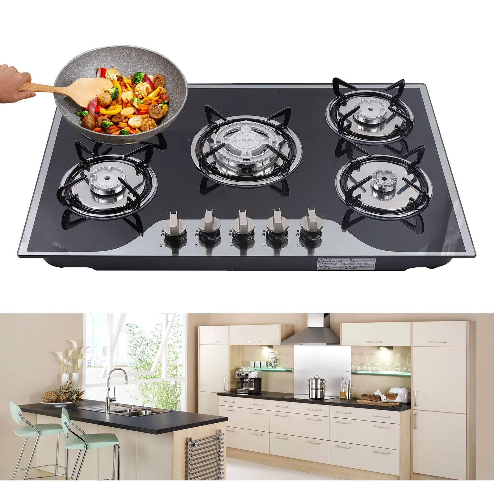 30" Stainless Steel Gas Stove, 5 Burner Built-in Stoves Gas Cooktop Cooker Black, Smooth Surface Automatic Pulse Ignition Countertop Stove