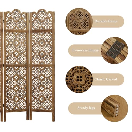 68.9Inch Folding Room Divider, 4 Panels Wood Carved Privacy Screens - Ideal Decorative Partition for Home, Office, Restaurant, Bedroom (Dark Brown)