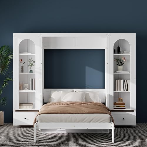 Queen Size Murphy Bed with Desk, Horizontal Wall Bed with Storage Side Cabinets, Drawers and LED Light, Wood Hideaway Wall Bed Frame with Shelves