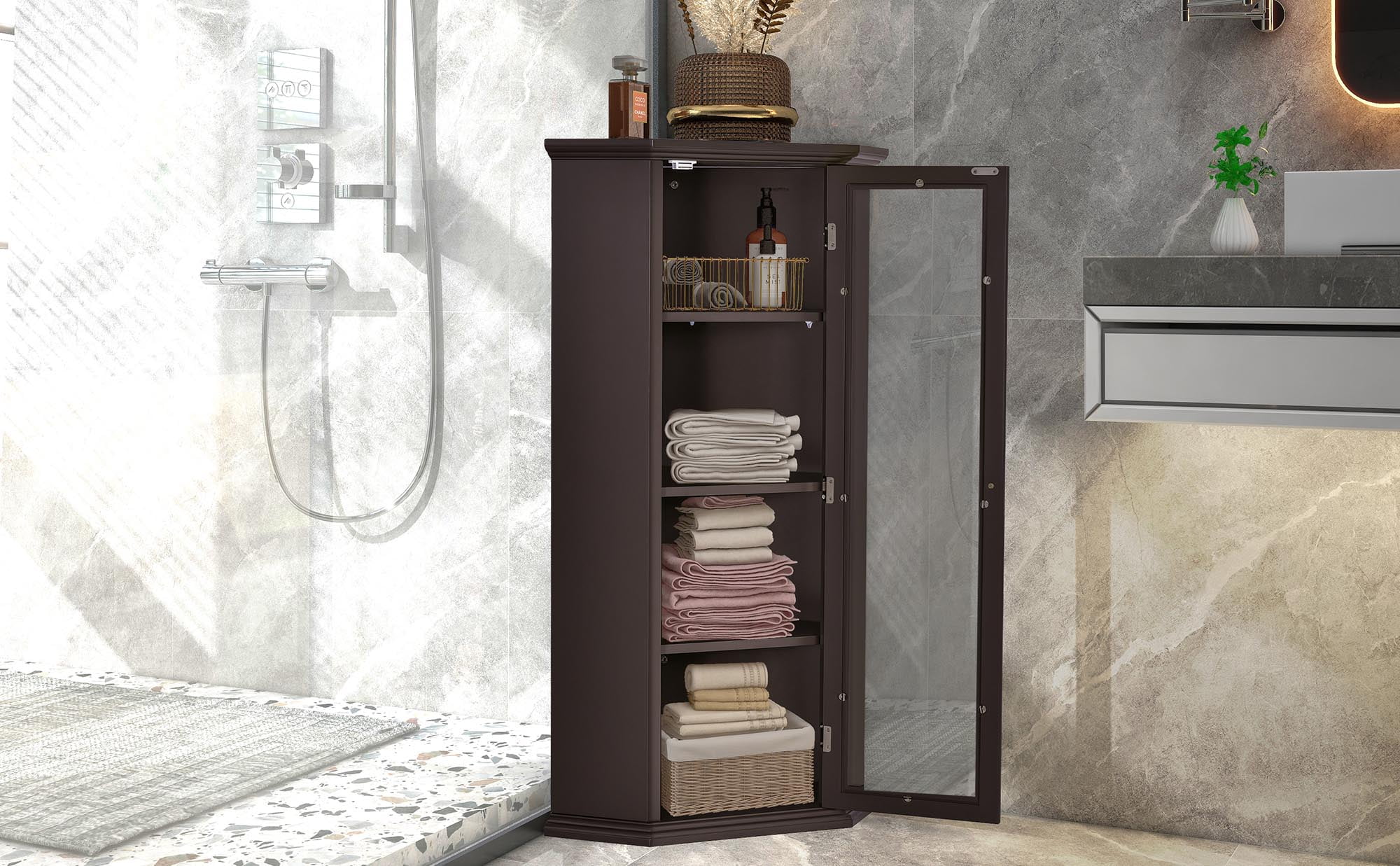 Freestanding Bathroom Cabinet with Glass Door, Corner Storage Cabinet for Bathroom, Living Room and Kitchen, MDF Board with Painted Finish
