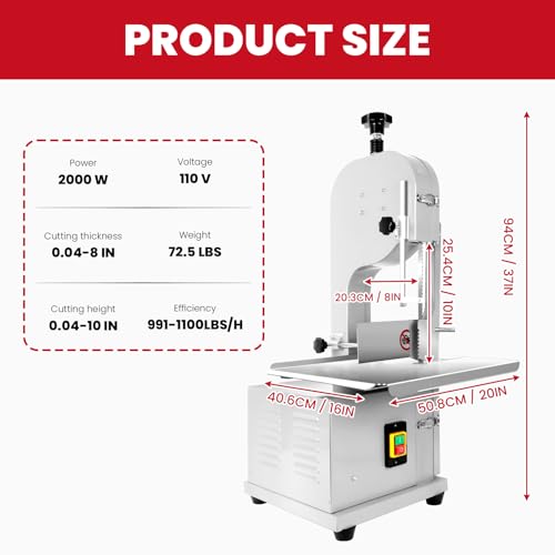 1500W Electric Bone Saw Machine | 20" x 15" Meat Cutting Table | Stainless Steel Bandsaw Machine | 0.04-8" Cutting Thickness with 8 Saw Blades |