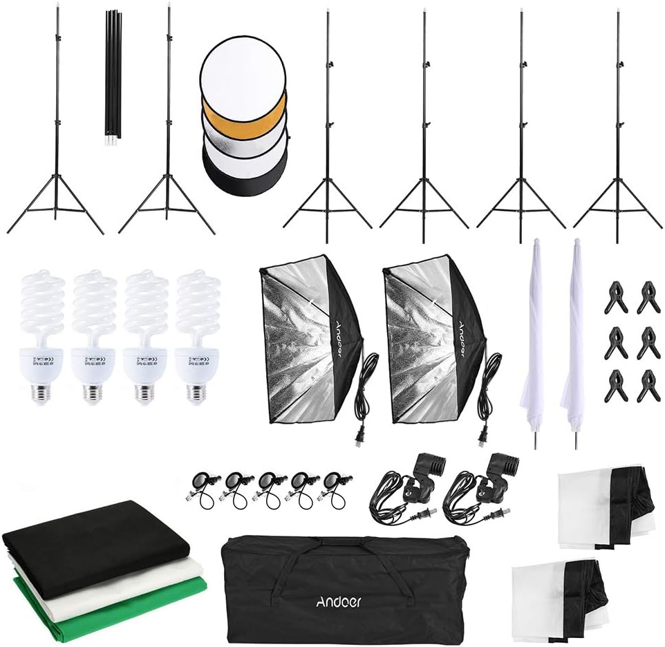 Andoer Photography Studio Softbox Lighting Kit Including 3pcs 45W Bi-Color 5500K Dimmable LED Lights 20 X 28inch Softbox 2m Light Stands Carry Bag
