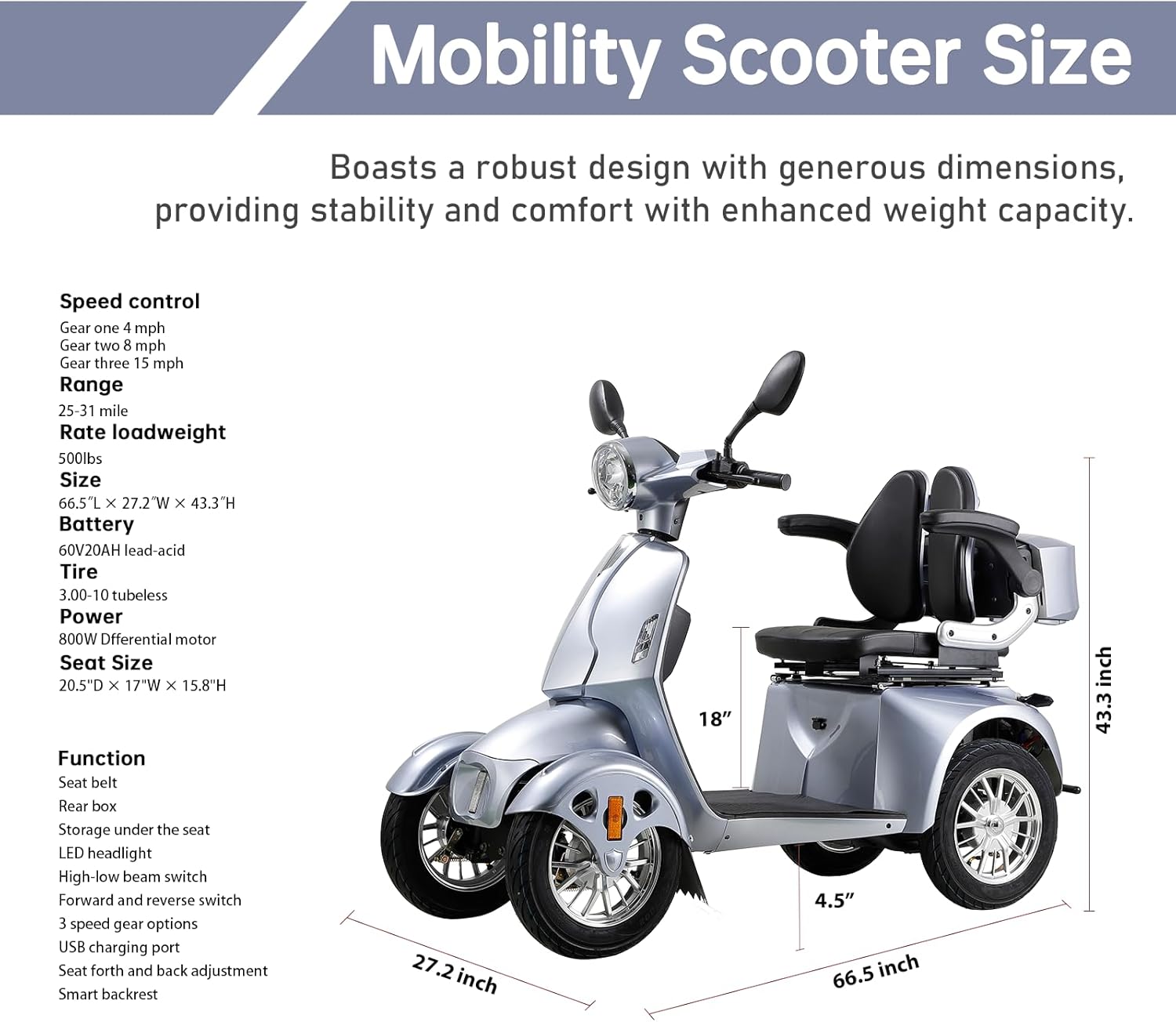 800W Heavy Duty 4 Wheel Mobility Scooters for Seniors & Adults 500lbs Capacity, Powered Mobility Scooters with 3-Speed Control & USB Charger Port