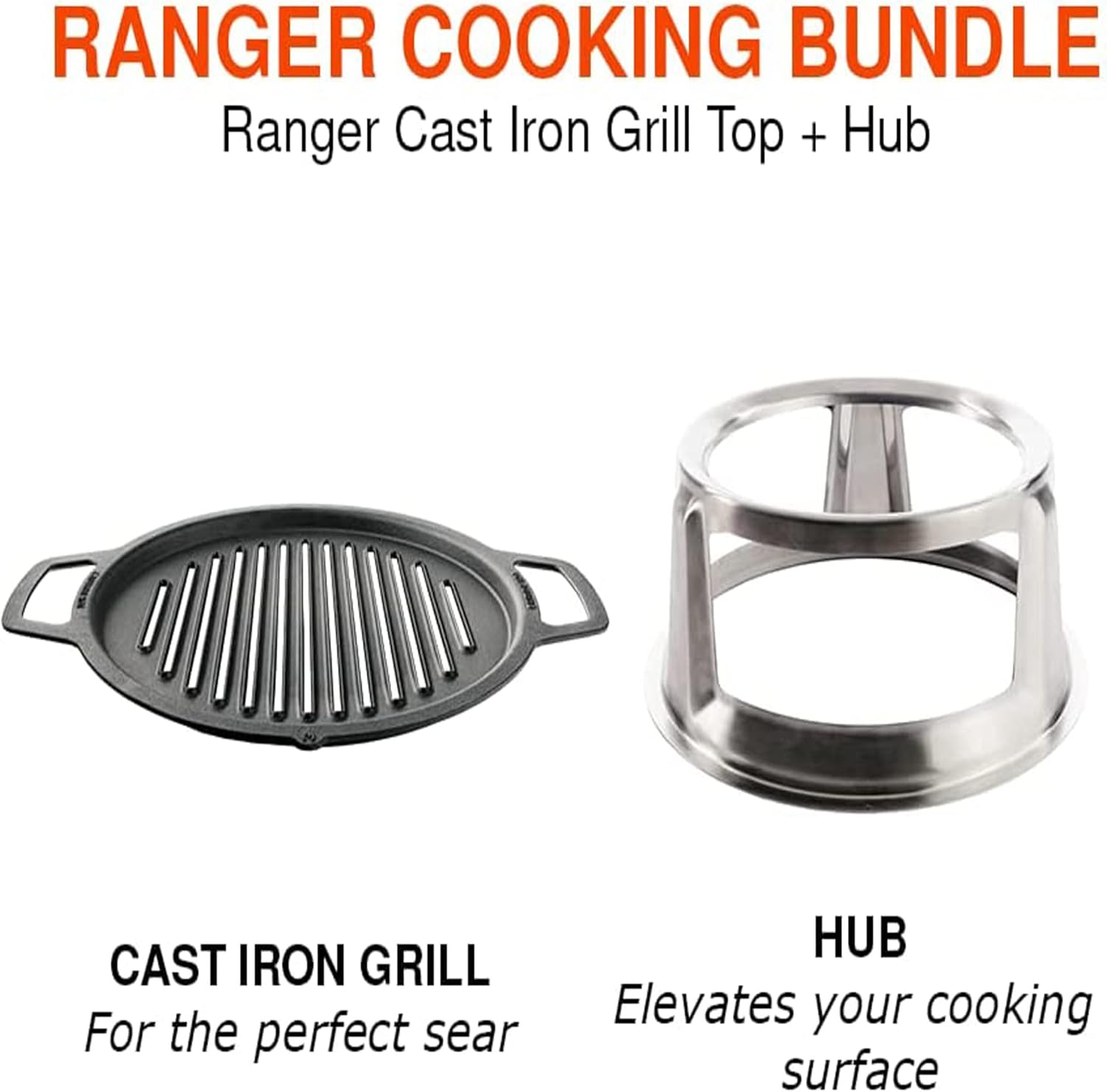 Solo Stove Ranger Grill Top and Hub, Cast Iron Cooktop with Stainless Steel Hub for 6.5” Elevation, Addition for Ranger Fire Pit, Weight: 15lbs