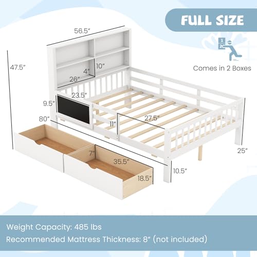 Giantex Full Bed with 2 Storage Drawers, Solid Wood Kids Bed Frame w/Bookcase Headboard & Blackboard, Full-Length Guardrails & Wooden Slats Support