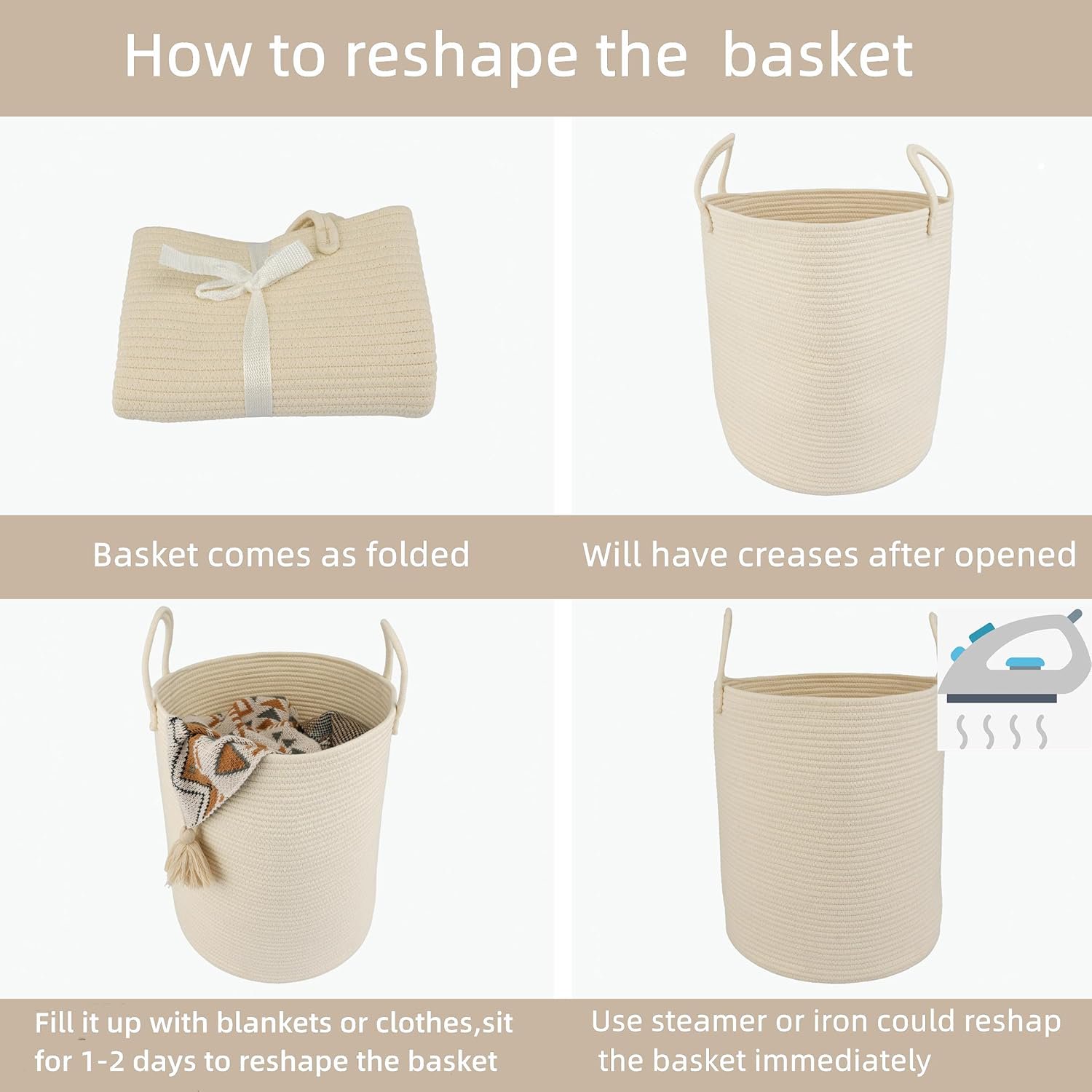 WarmHavenv Cotton Rope Laundry Basket Hamper for Clothes Woven Storage Basket for Living Room Bedroom Boho Tall Rope Baskets for Blanket Toys Pillow