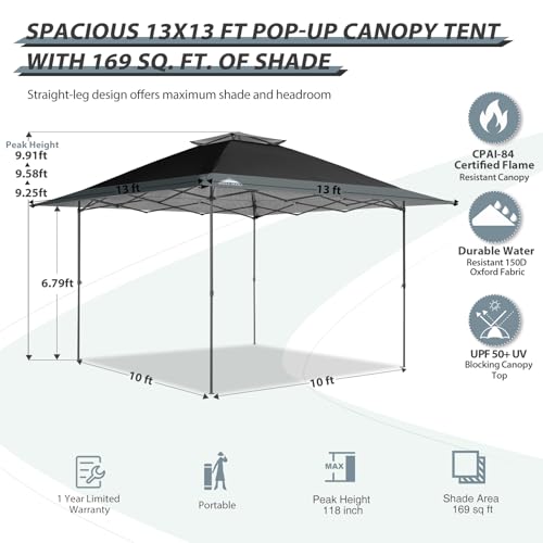 EAGLE PEAK 13x13 Straight Leg Pop Up Canopy Tent Instant Outdoor Canopy Easy Single Person Set up Folding Shelter w/Auto Extending Eaves 169 Square