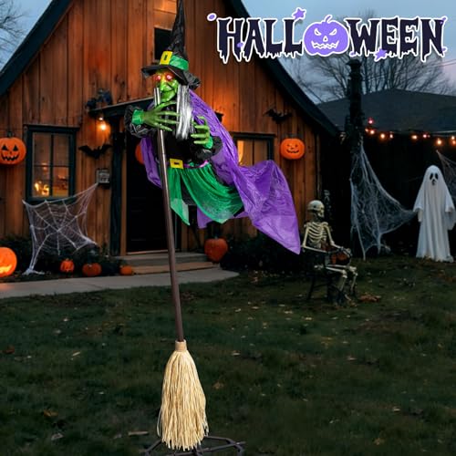 Halloween Decorations Outdoor - 12 Ft Animated Hovering Witch with Sound & Touch Activated Sensor - Witch on Broom Halloween Decorations Outdoor