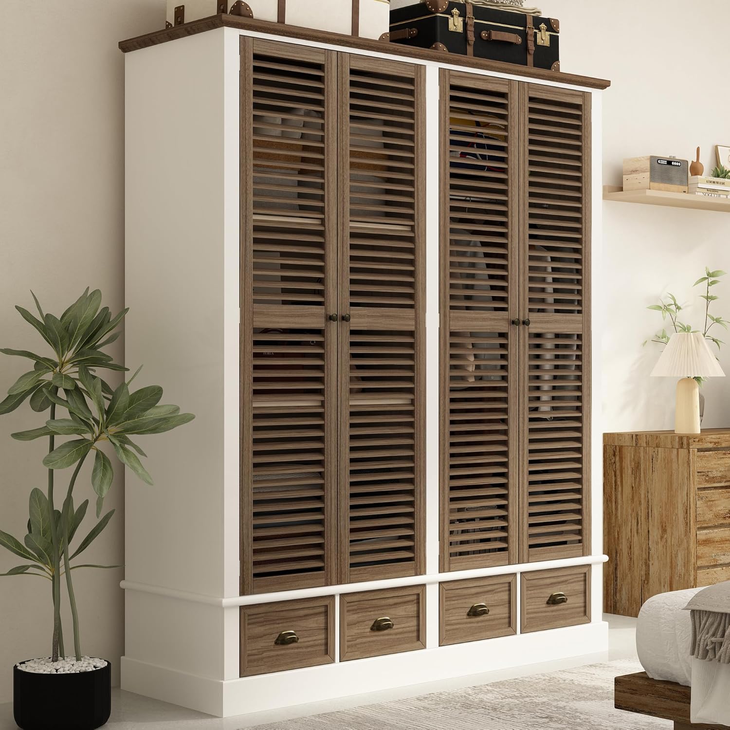 ECACAD 4 Doors Wardrobe Armoire with Louver Doors, Storage Shelves, 4 Drawers & Hanging Rod, Wooden Closet Storage Cabinet for Bedroom