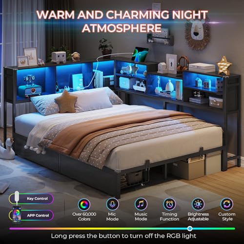 DICTAC Corner Twin Bed Frame with Bookcase Storage and Led Lights Metal Twin Size Platform Beds with Storage and Charging Station Twin Daybed with 2