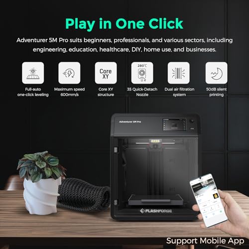 FLASHFORGE Adventurer 5M 3D Printer with Fully Auto Leveling, Max 600mm/s High Speed Printing, 280°C Direct Extruder with 3S Detachable Nozzle