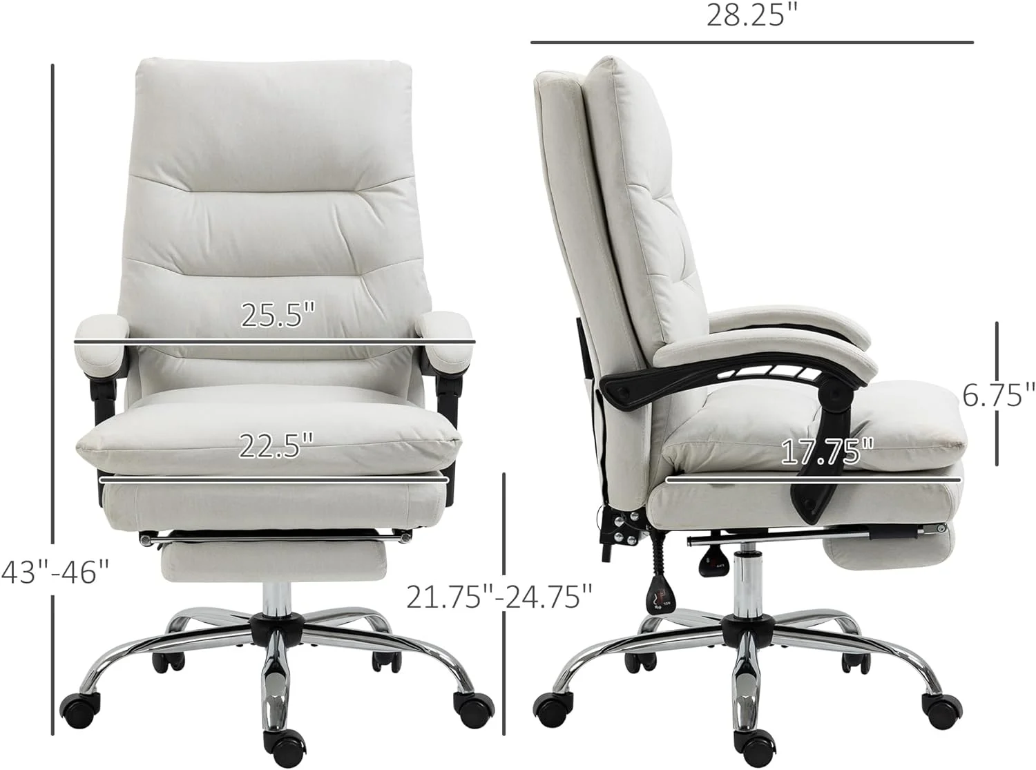 Microfibre Executive Massage Office Chair, Computer Desk Chair, Heated Reclining Chair With Footrest, Double-Tier Padding, Swivel Wheels, Cream White