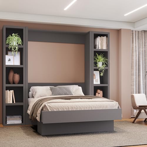 Oakland Living Easy-Lift Queen Murphy Wall Bed in Brown Wood Grain with Two Bookshelves
