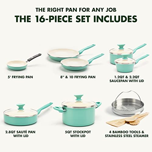 GreenPan Rio 16 Piece Cookware Pots and Pans Set, Hard Anodized Healthy Ceramic Nonstick PFAS-Free, Bakelite Handles, Frypans, Saucepan, Saute Pan