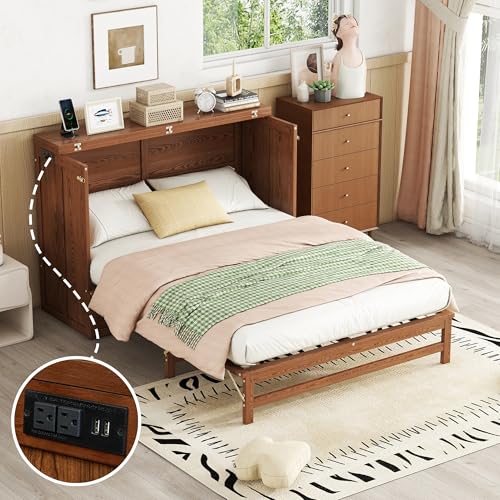 KEIKI Queen Size Cabinet Murphy Bed with Charging Station and Drawer, Multiple Storage Foldable Hideaway Wall Murphy Bed Frame with Solid Slat