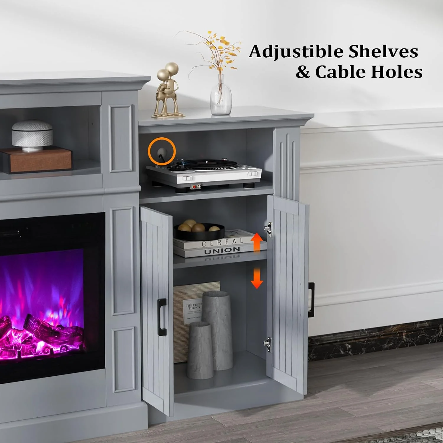VINGLI Electric Fireplace with Mantel, 79 inches Fireplace TV Stand Media Console Entertainment Center, Gray