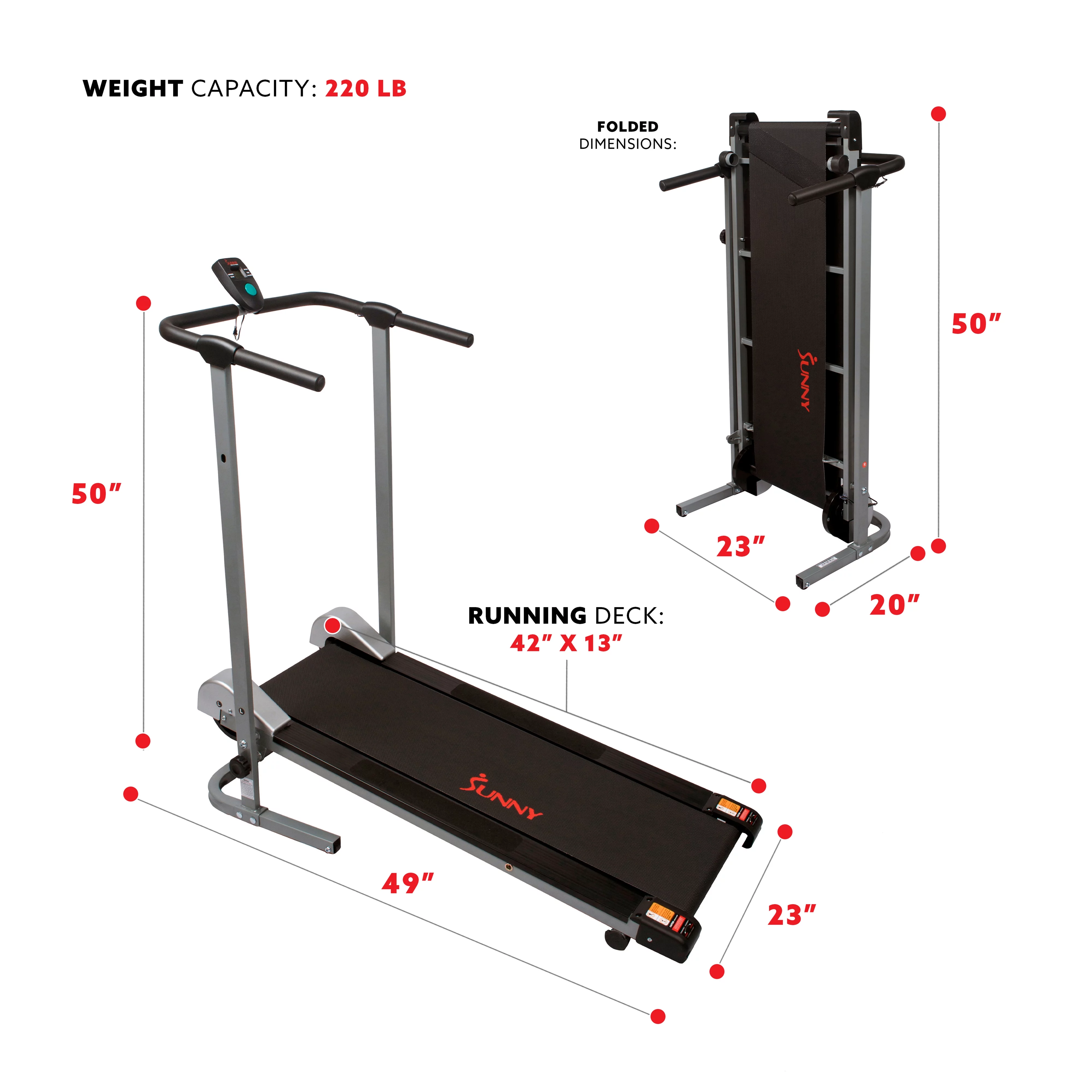 Sunny Health & Fitness Manual Treadmill - Compact Foldable Exercise Machine for Running and Cardio Training, SF-T1407M