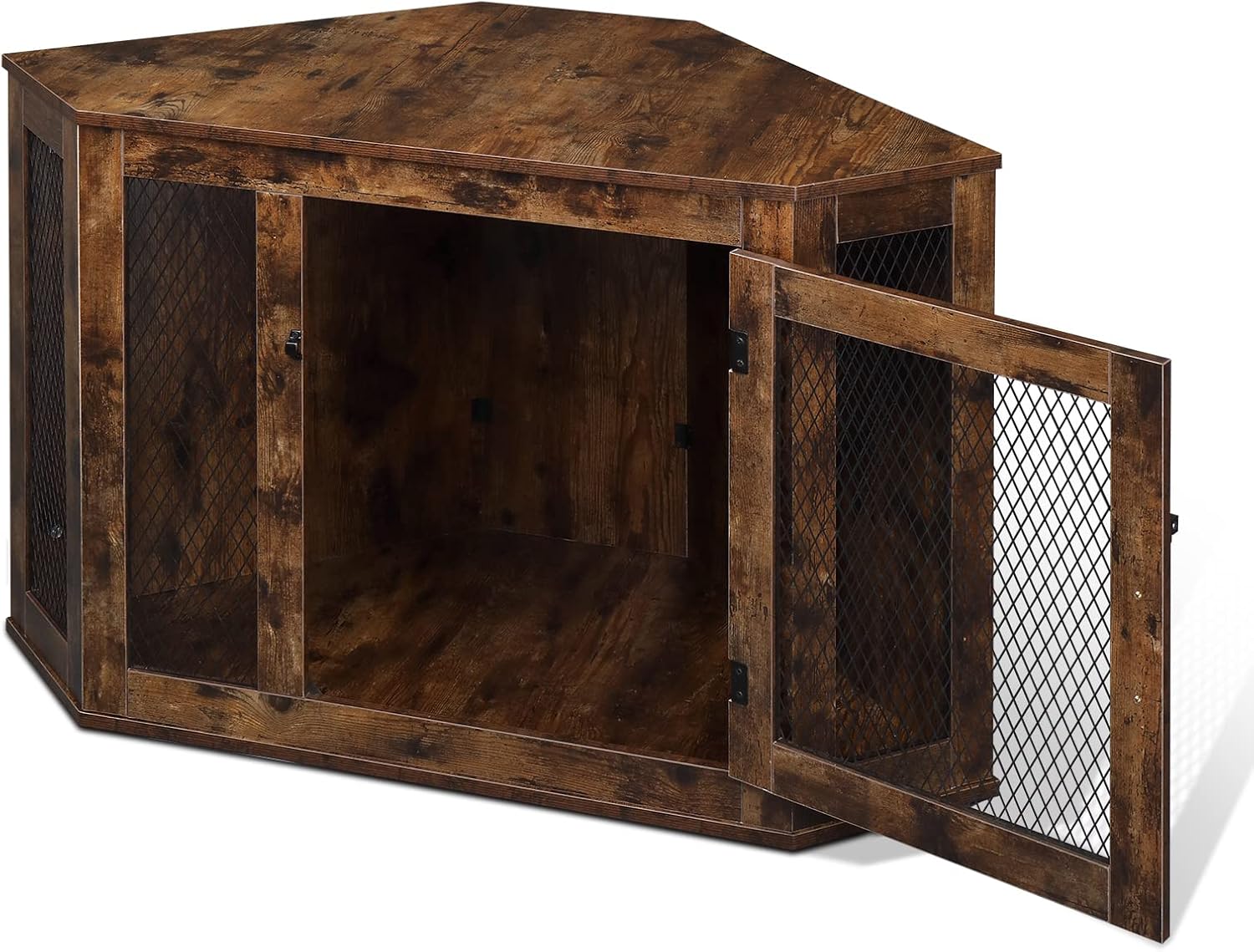 Furniture Corner Dog Crate, Lockable Doors, Dog Kennel with Wood and Mesh, Dog Crate for Small/Medium Dogs, Pet Crate Furniture, Dog House