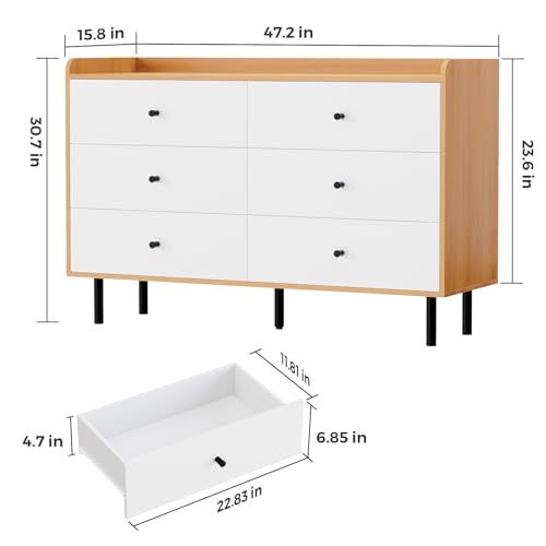White Nursery Dresser for Bedroom with 6 Drawers, Modern Wood 6 Drawer Dresser with Black Knobs, Chest of Drawers for Nursery, Living Room, Closet