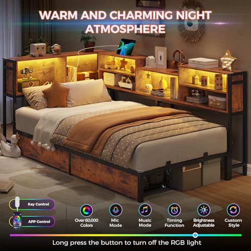 DICTAC Corner Twin Bed Frame with Bookcase Storage and Led Lights Metal Twin Size Platform Beds with Storage and Charging Station Twin Daybed with 2