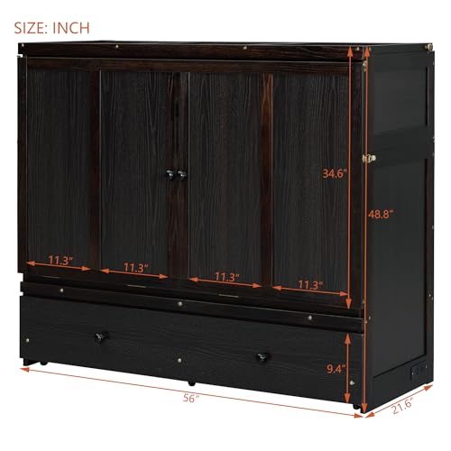 Harper & Bright Designs Queen Size Murphy Bed Cabinet, Solid Pine Wall Bed Chest with USB
