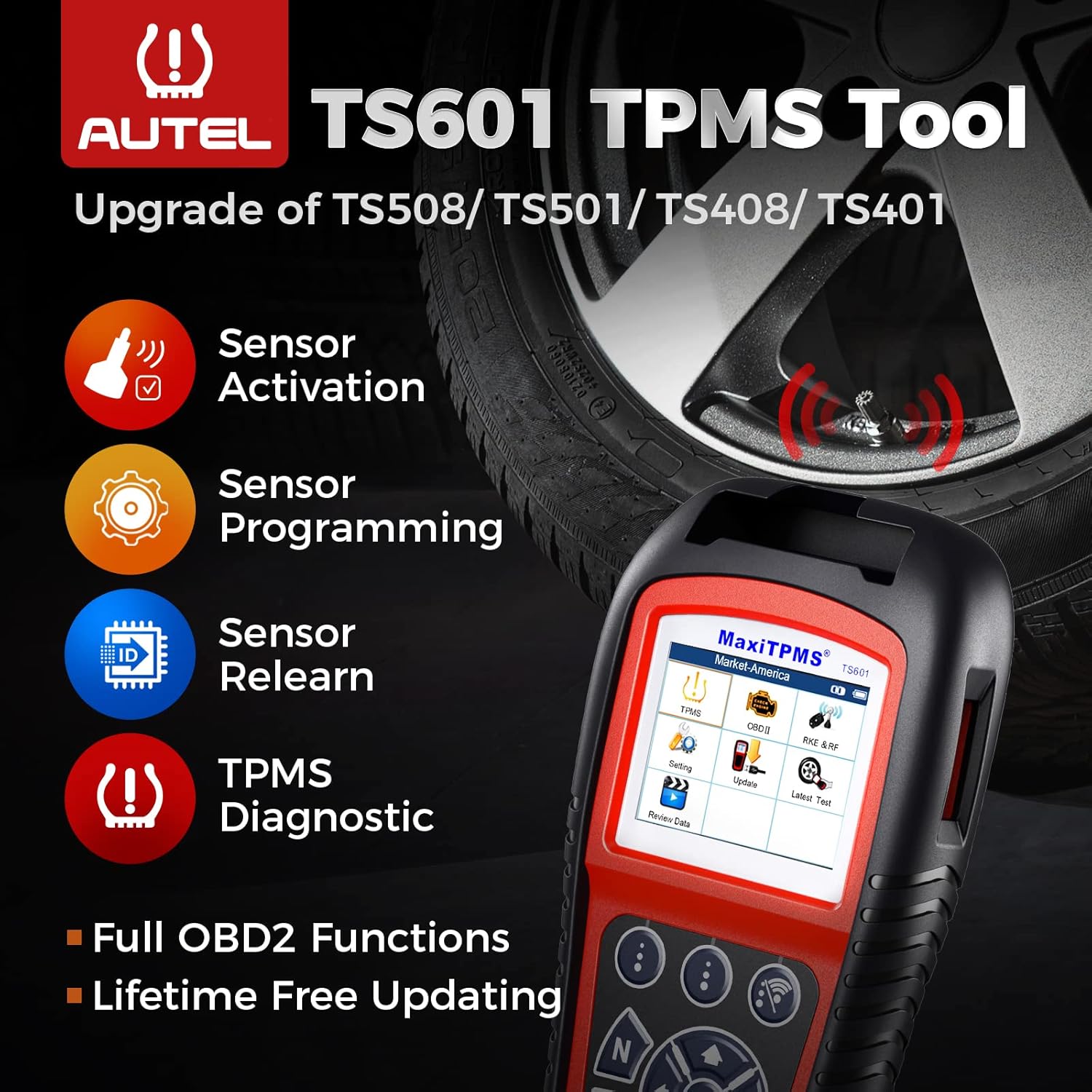 Autel TS601 TPMS Relearn Tool, TPMS Programming Tool Upgrade of TS508/TS501/TS408/TS401, OBDII Code Reader With Tire Pressure Sensor Reset
