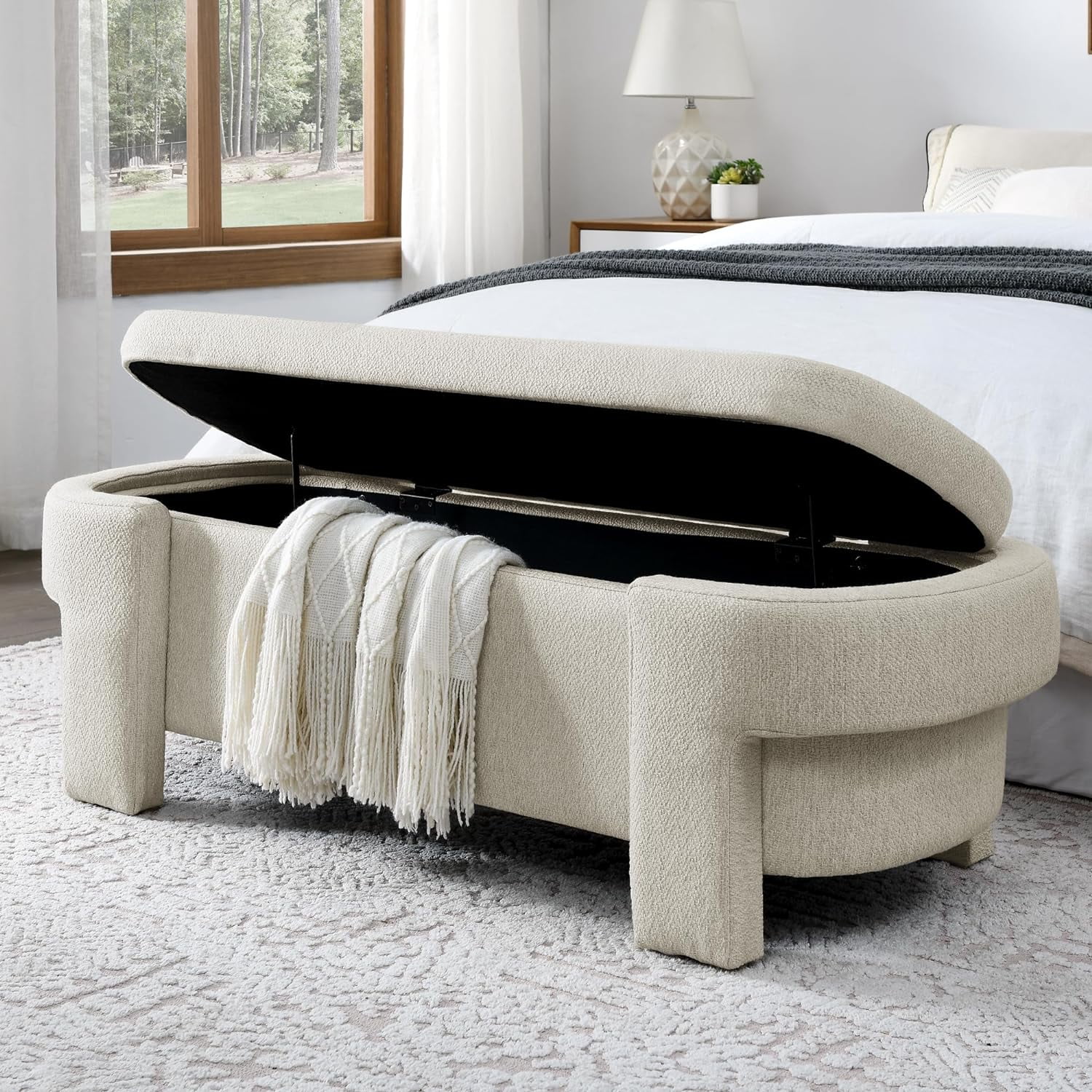 51.5" Oval Storage Bench End of Bed Storage Ottoman Benches Linen Fabric Upholstered Ottoman Bench with Large Storage Space for Living Room Entryway