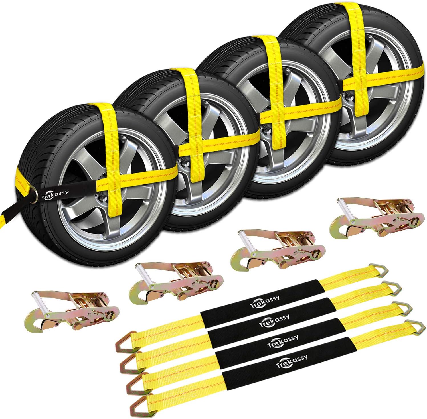 Trekassy 2”x 120” Wheel Net Car Hauler Tie Down Straps for Trailers Heavy Duty with 4 Axle Straps and 4 Ratchet with Snap Hooks