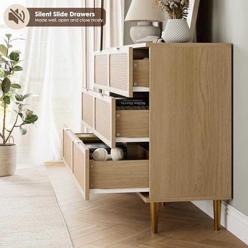 Rattan 5 Drawer Dressers for Bedroom, Tall Dresser with Deep Drawers, Large Chest of Drawers for Closet with Wide Top