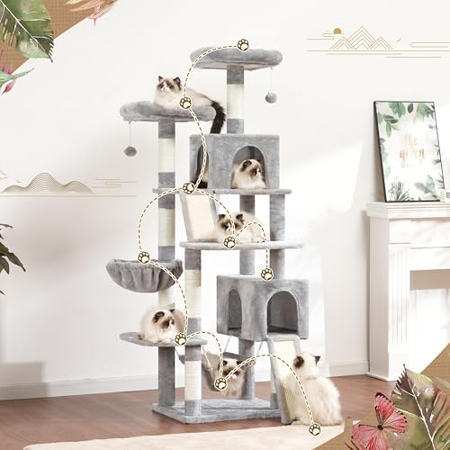 Cat Tree for Indoor Cats, 71'' (180cm) Multi-Level Cat Tower for Large Adult, Sturdy Cat Tree House with 2 Scratching Boards 7 Posts