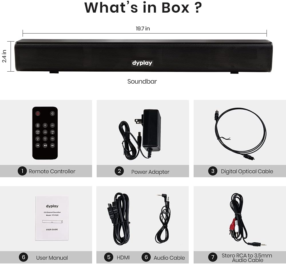 dyplay Soundbar, 20-inch 100W Sound Bar for TV, 2.0 Channel, 3 Equalizer Mode Audio Bluetooth 5.0, HDMI/Optical/AUX/TF/USB Connection
