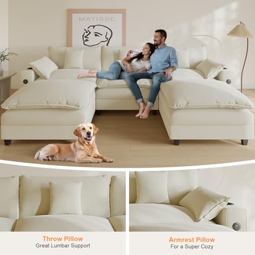 Modular Sectional Sofa, Cloud Couch with Ottoman, Charging Station, Throw Pillows, Cup Holders, Modern Convertible U Shaped Couches for Living Room