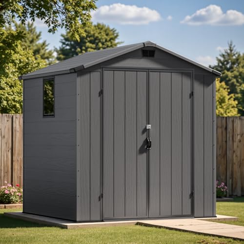 Patiowell 6 x 8 FT Plastic Outdoor Storage Shed with Floor, Resin Outside Tool Shed with Two Windows and Lockable Easy to Install, Door for Garden